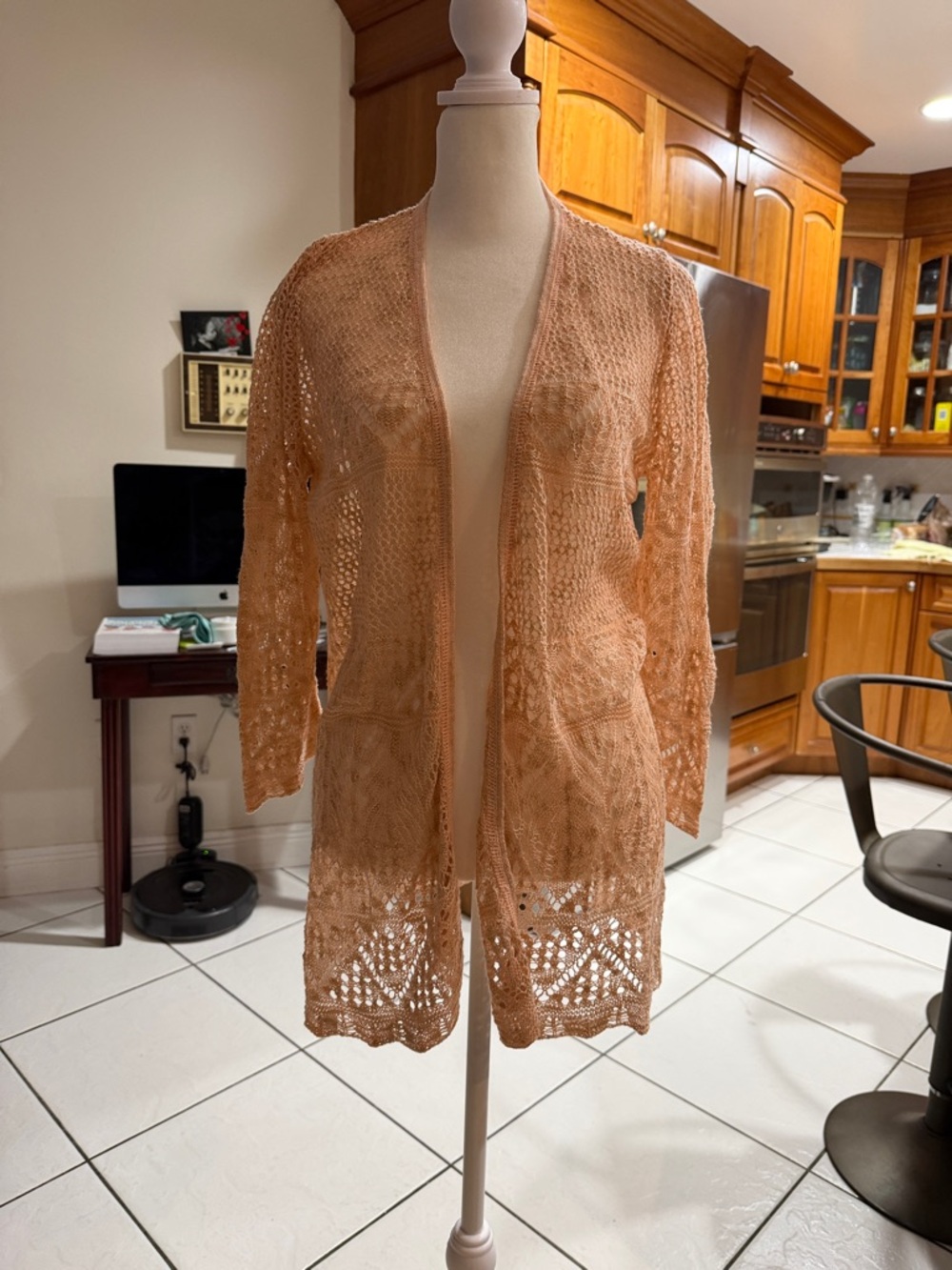 Light Peach Crochet Open-Front Cardigan